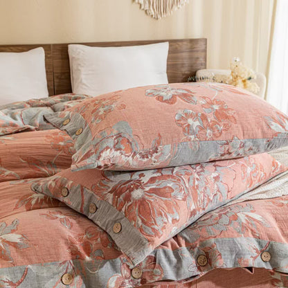 Reversible Floral Cotton Gauze Button Bedding Set (4PCS)