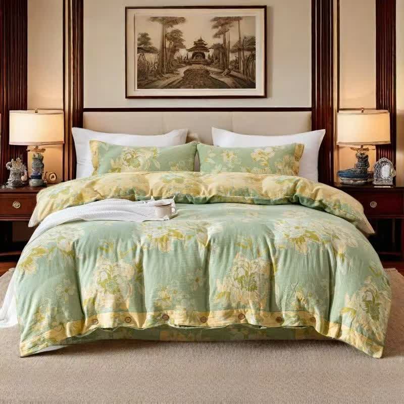 Reversible Floral Cotton Gauze Button Bedding Set (4PCS)