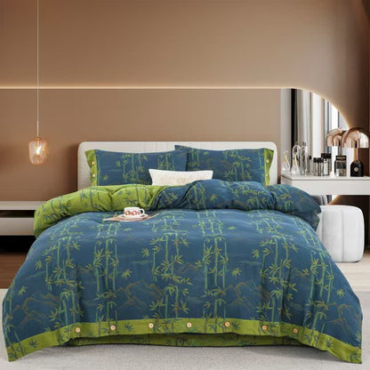 Bamboo Plant Cotton Gauze Reversible Bedding Set (4PCS)  - Blue - King - image 4