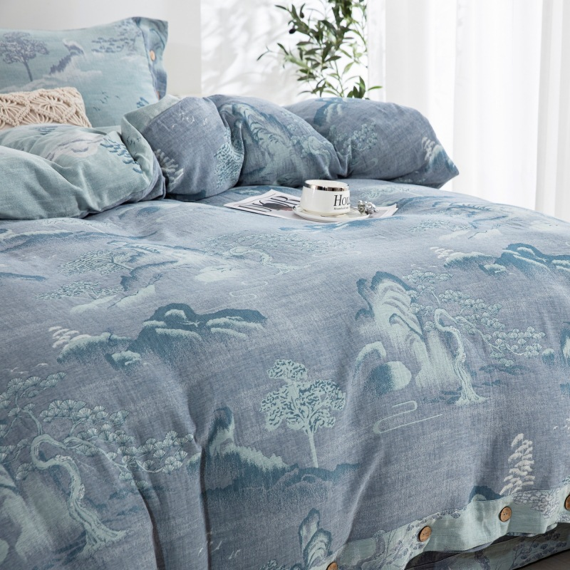 Button Landscape Cotton Gauze Bedding Set(4PCS)