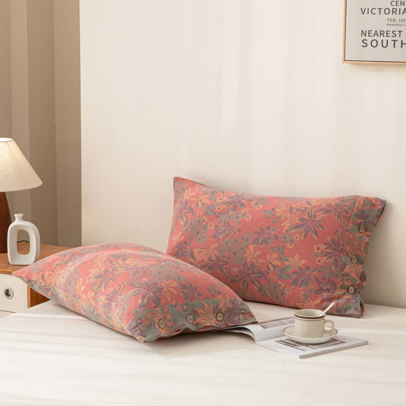 Reverisible Jacquard Floral Button Cotton Bedding Set (4PCS)