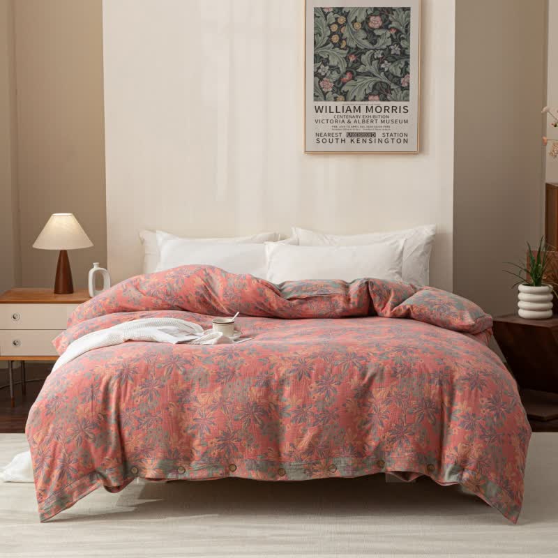 Reverisible Jacquard Floral Button Cotton Bedding Set (4PCS)