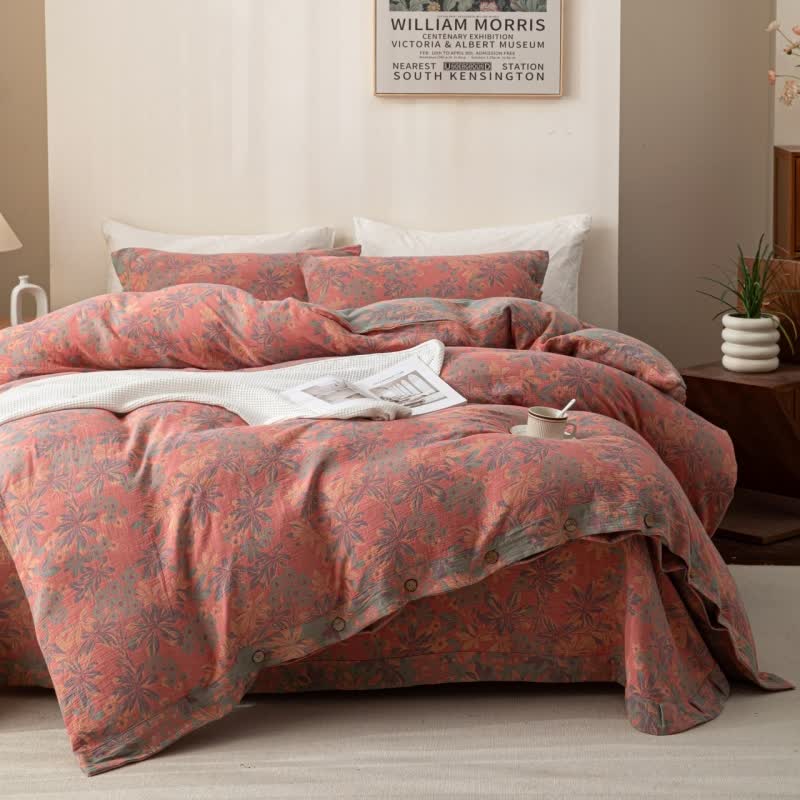 Reverisible Jacquard Floral Button Cotton Bedding Set (4PCS)