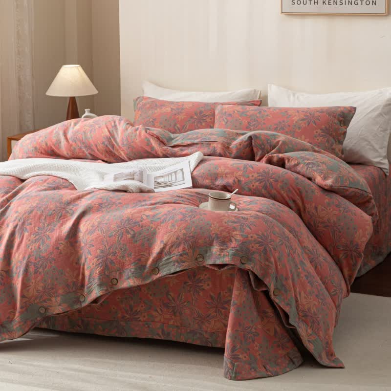 Reverisible Jacquard Floral Button Cotton Bedding Set (4PCS)