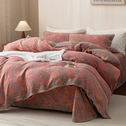 Reverisible Jacquard Floral Button Cotton Bedding Set (4PCS)