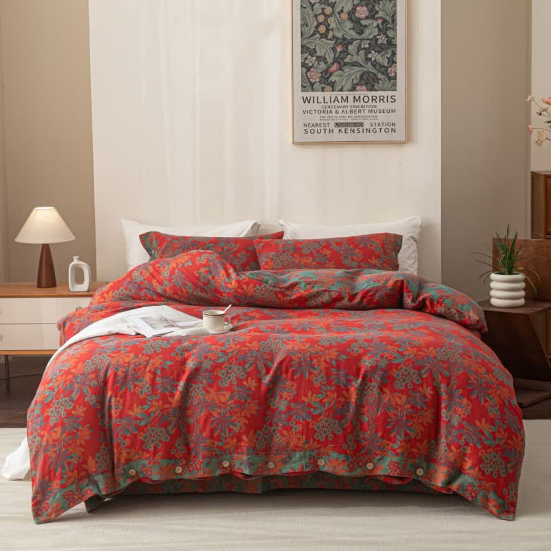 Reverisible Jacquard Floral Button Cotton Bedding Set (4PCS)