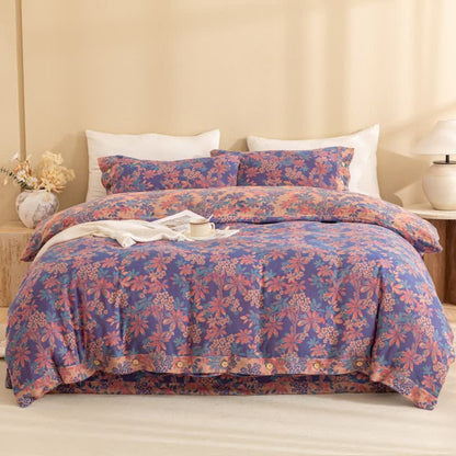 Reverisible Jacquard Floral Button Cotton Bedding Set (4PCS)