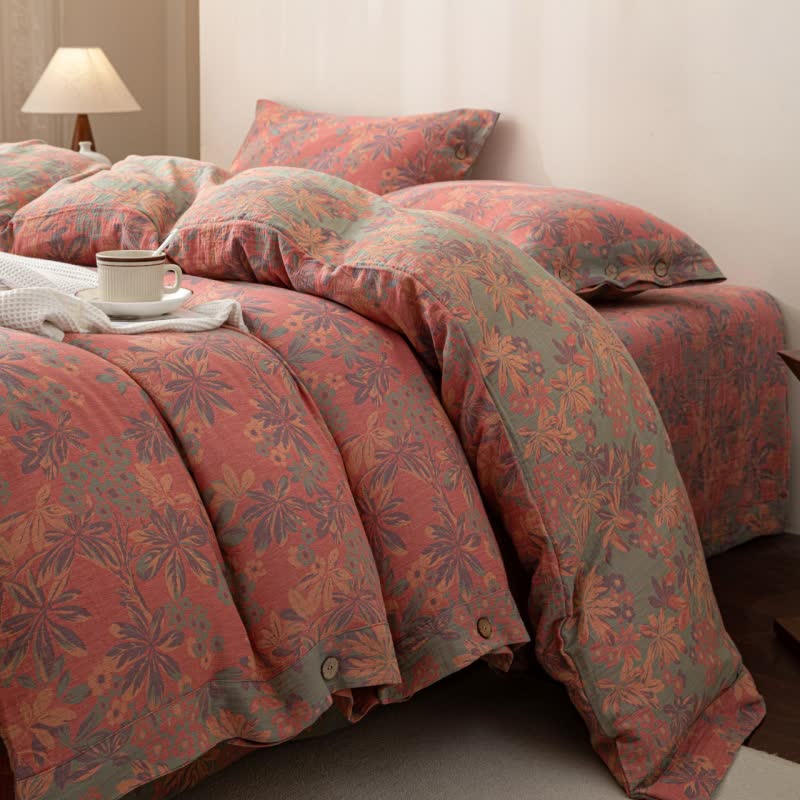 Reverisible Jacquard Floral Button Cotton Bedding Set (4PCS)