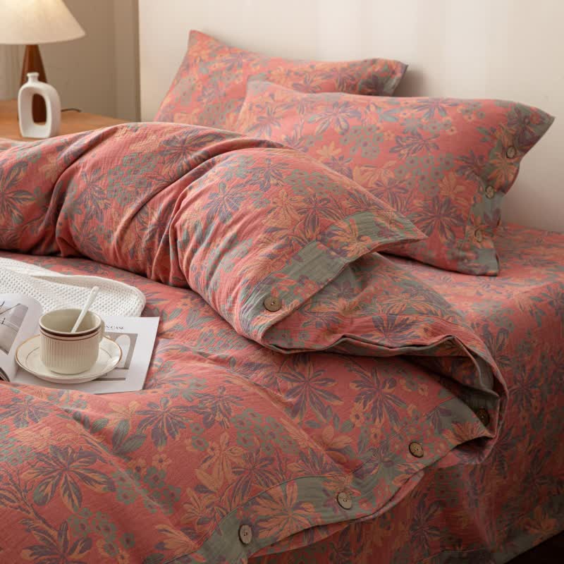 Reverisible Jacquard Floral Button Cotton Bedding Set (4PCS)