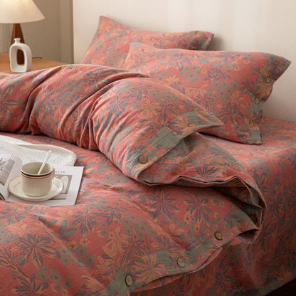 Reverisible Jacquard Floral Button Cotton Bedding Set (4PCS)