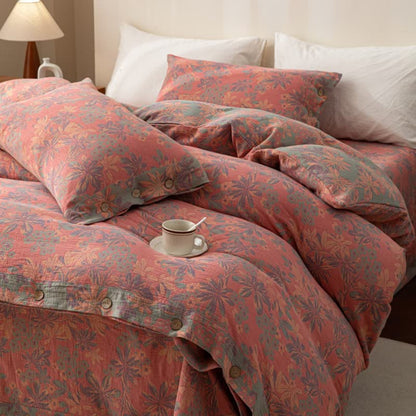 Reverisible Jacquard Floral Button Cotton Bedding Set (4PCS)