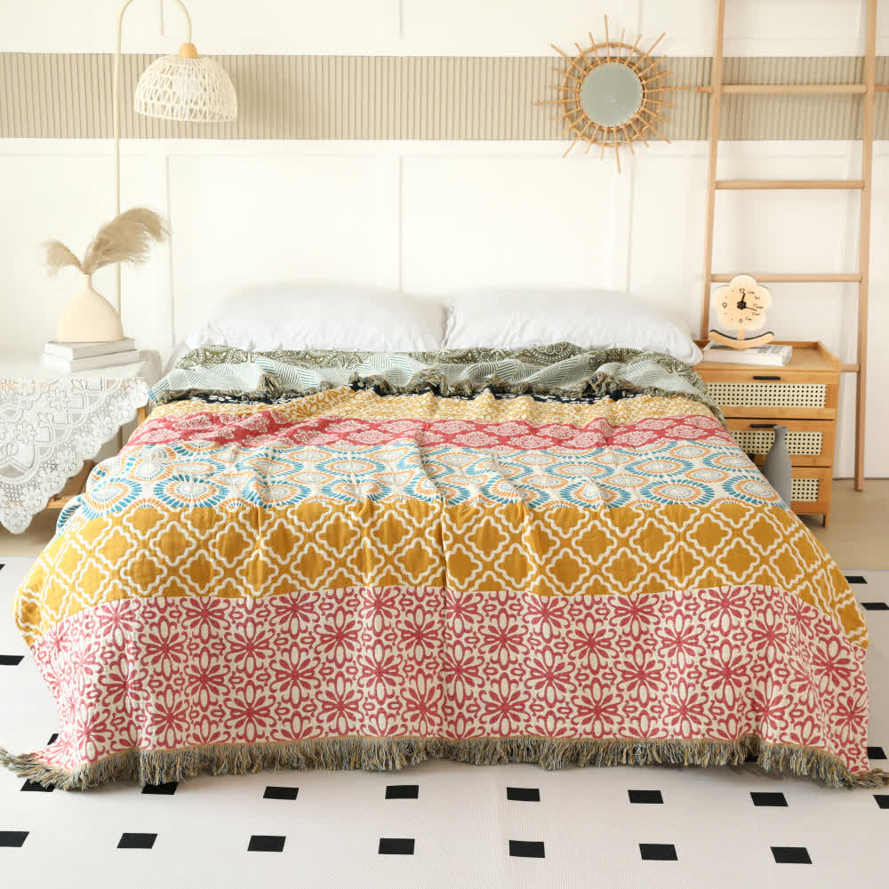 Striped Floral Cotton Gauze Reversible Quilt