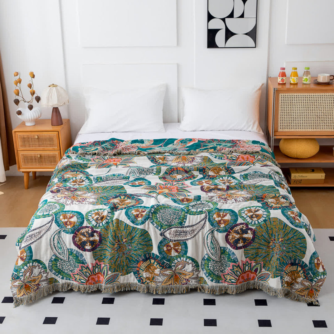 Plant Print Cotton Gauze Reversible Quilt