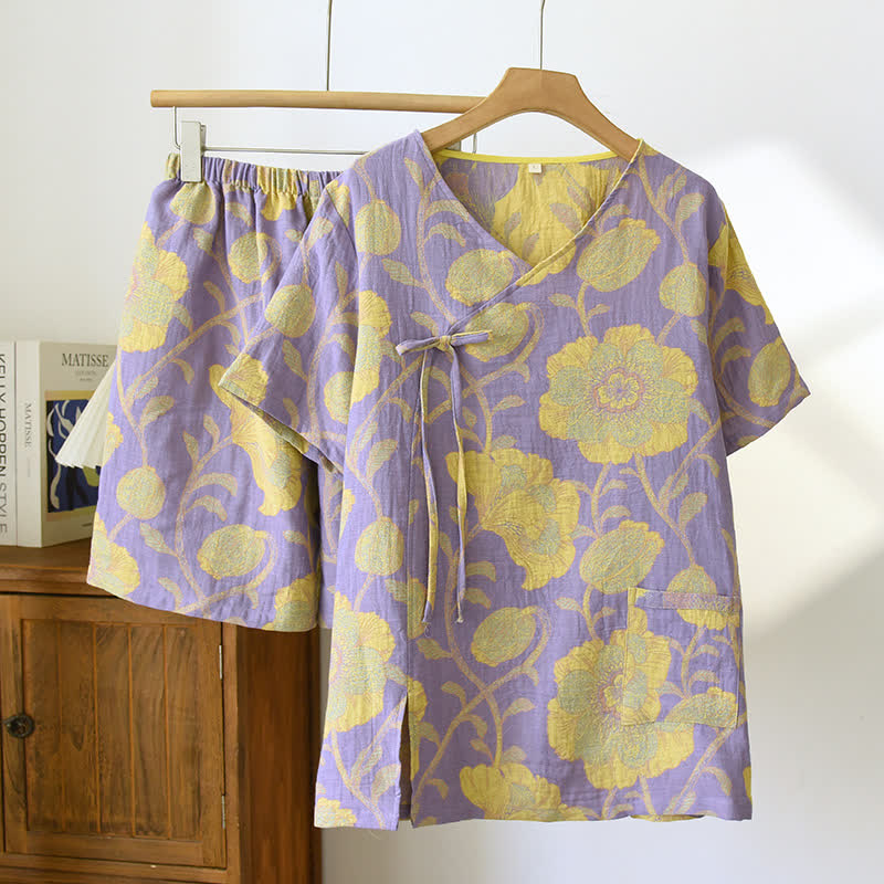 Elegant Floral Cotton Gauze V-neck Pajama Set
