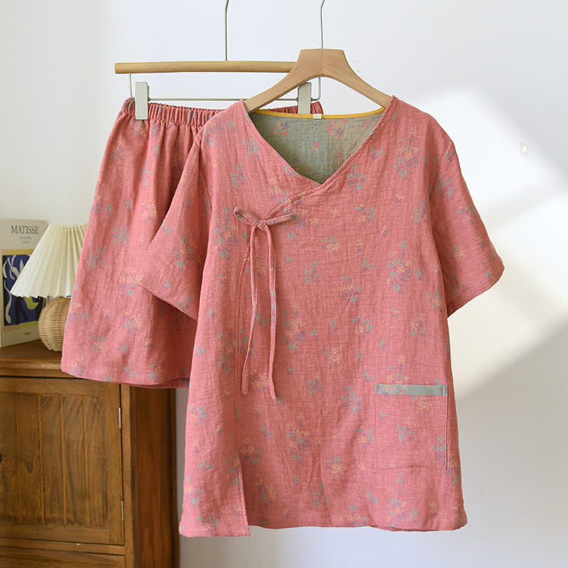 Vintage Pink Floral Cotton Gauze V-neck Pajama Set