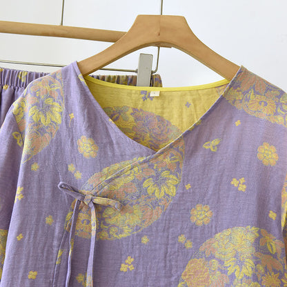 Vintage Blossom Cotton Gauze V-neck Pajama Set