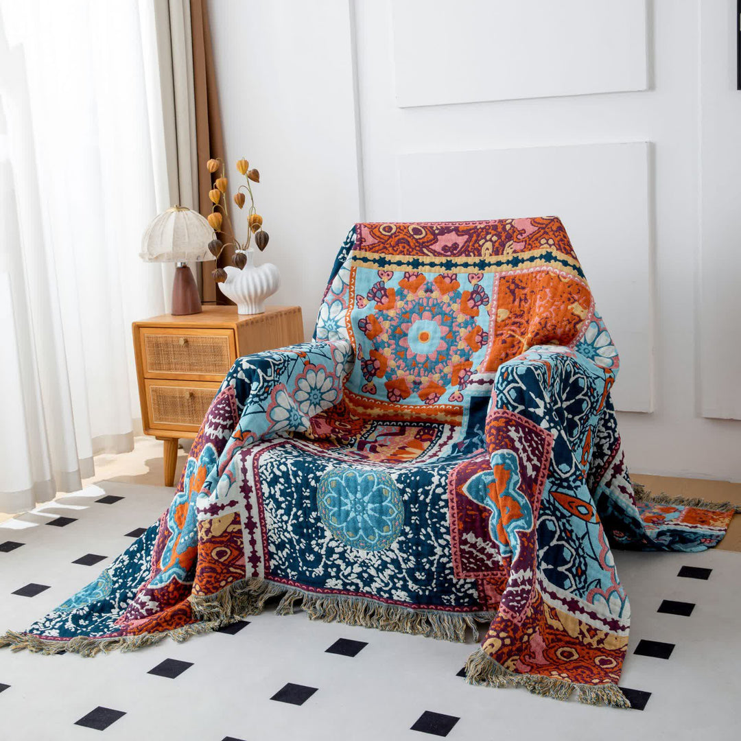 Boho Blue Floral Cotton Reversible Tassel Blanket - image 0