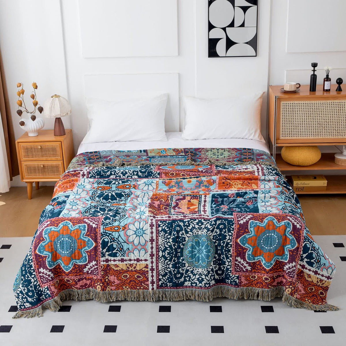Boho Blue Floral Cotton Reversible Tassel Blanket - image 3