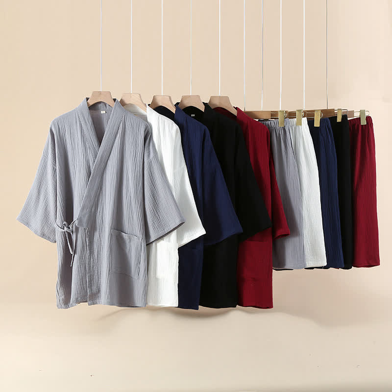 Unisex Solid Color Cotton Gauze Kimono Pajama Set
