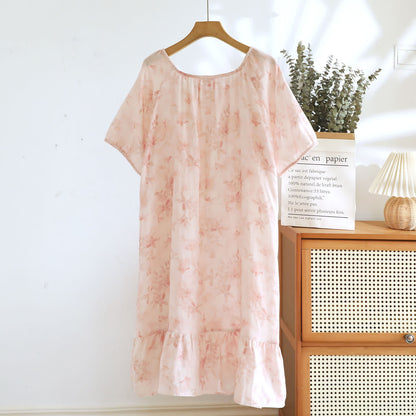 Country Style Floral Short Sleeve Cotton Gauze Nightdress