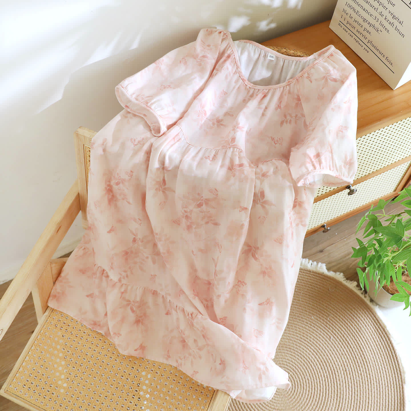 Country Style Floral Short Sleeve Cotton Gauze Nightdress