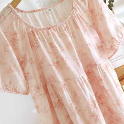 Country Style Floral Short Sleeve Cotton Gauze Nightdress