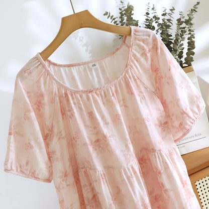 Country Style Floral Short Sleeve Cotton Gauze Nightdress
