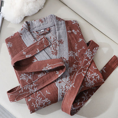 Vintage Floral Kimono Cotton Gauze Jacquard Bathrobe