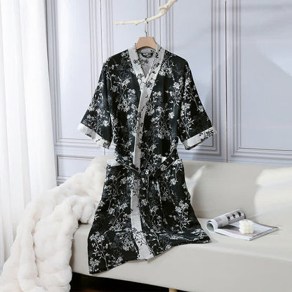 Vintage Floral Kimono Cotton Gauze Jacquard Bathrobe