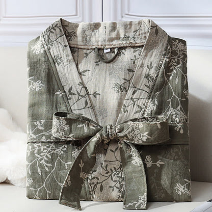 Vintage Floral Kimono Cotton Gauze Jacquard Bathrobe