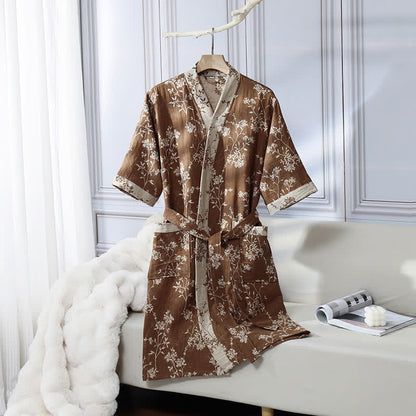 Vintage Floral Kimono Cotton Gauze Jacquard Bathrobe