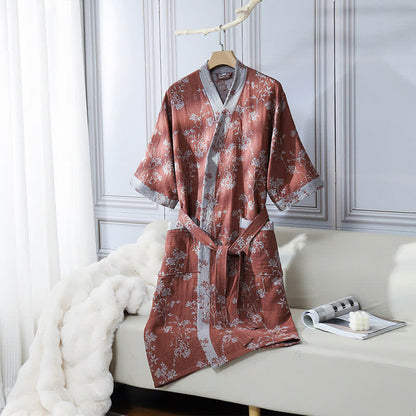 Vintage Floral Kimono Cotton Gauze Jacquard Bathrobe