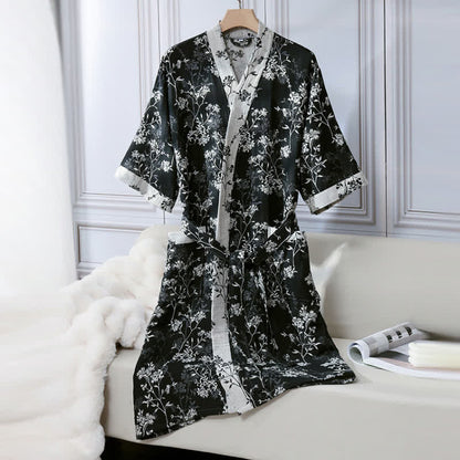 Vintage Floral Kimono Cotton Gauze Jacquard Bathrobe