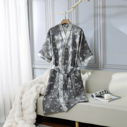 Vintage Floral Kimono Cotton Gauze Jacquard Bathrobe