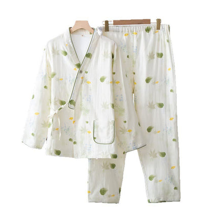 Leaf Print Cotton Gauze Kimono Adjustable Pajama Set