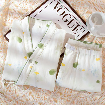 Leaf Print Cotton Gauze Kimono Adjustable Pajama Set
