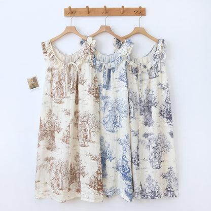 Vintage Landscape Print Cotton Gauze Ruffle Camisole Nightwear