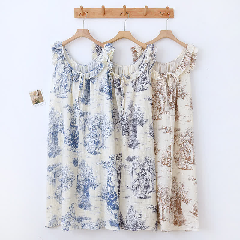Vintage Landscape Print Cotton Gauze Ruffle Camisole Nightwear