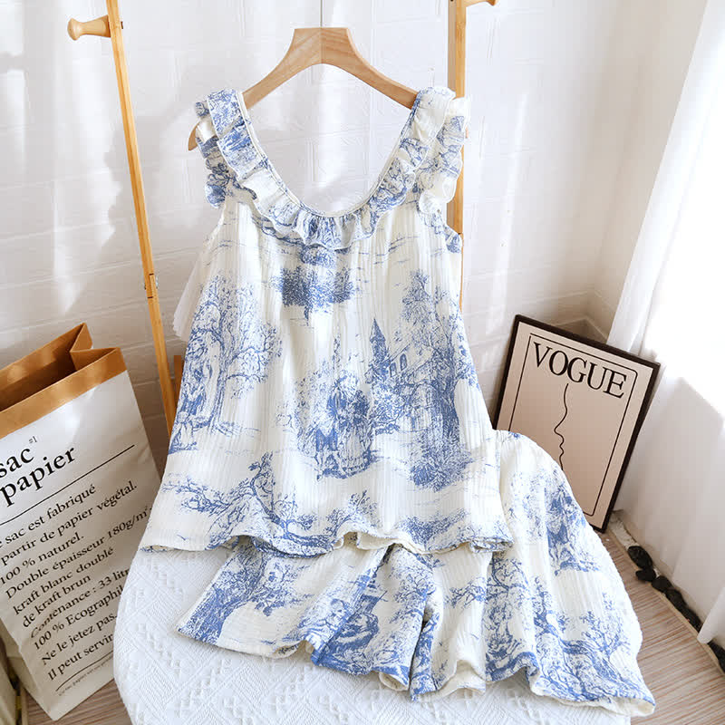Vintage Landscape Print Cotton Gauze Ruffle Camisole Nightwear