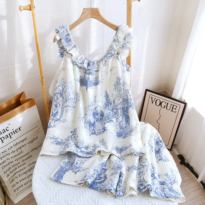Vintage Landscape Print Cotton Gauze Ruffle Camisole Nightwear