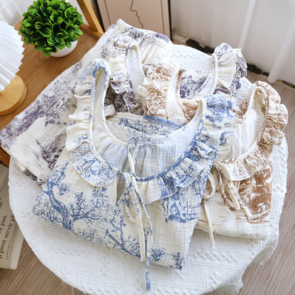 Vintage Landscape Print Cotton Gauze Ruffle Camisole Nightwear