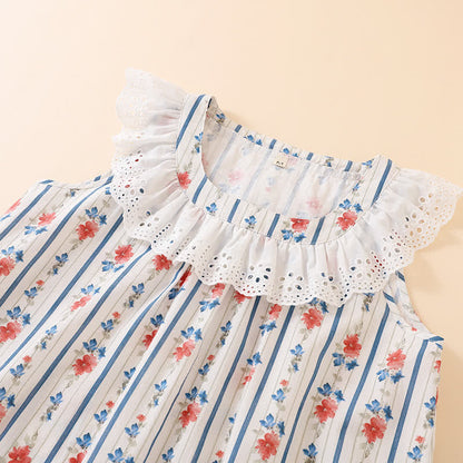 Striped Floral Cotton Gauze Sleeveless Nightdress