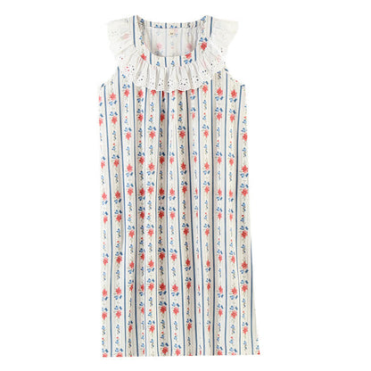 Striped Floral Cotton Gauze Sleeveless Nightdress
