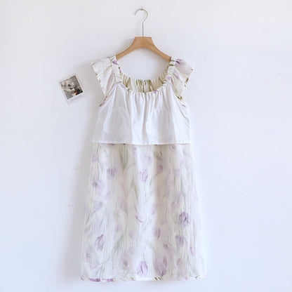 Tulip Print Cotton Gauze Padded Camisole Nightdress