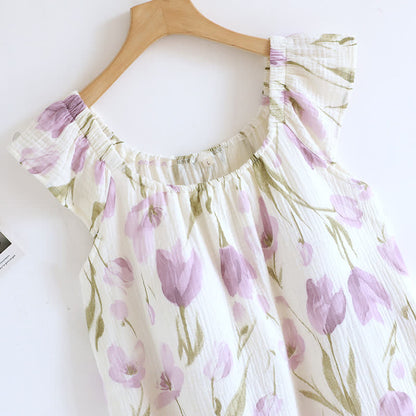 Tulip Print Cotton Gauze Padded Camisole Nightdress