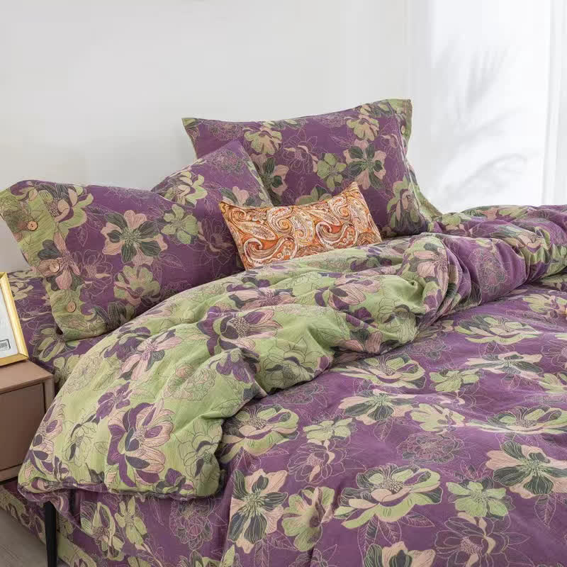 Floral Cotton Gauze Jacquard Reversible Bedding Set(4pcs)