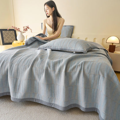 Blue Stripe Plaid Cotton Muslin Bedspread