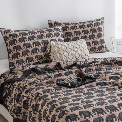 Thai Elephant Print Cotton Muslin Bedspread