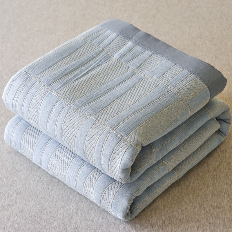 Blue Stripe Plaid Cotton Muslin Bedspread