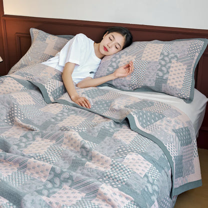 Patchwork Plaid Print Cotton Muslin Bedspread